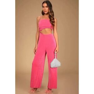 LULU’s Dream Plans Hot Pink Bralette Cutout Jumpsuit Sz L Wide Leg Disco NWTs
